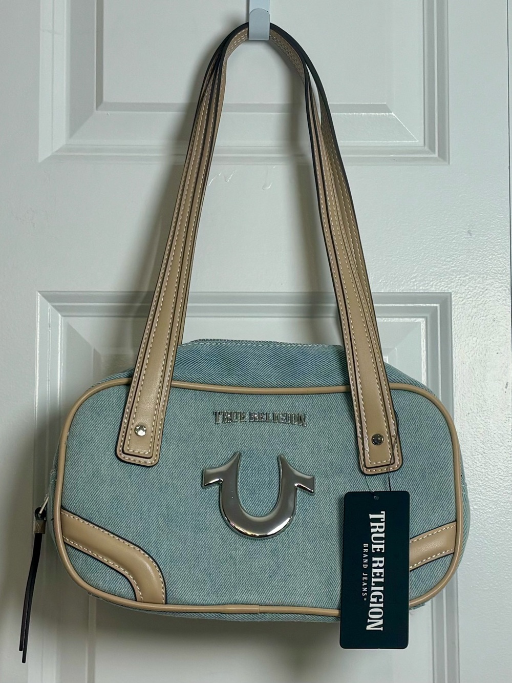 True Religion Denim Satchel Handbag w/ Tan Trim & Silver Horseshoe Logo
